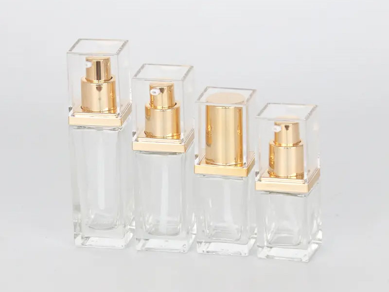 Clear Square Glass Bottles With Golden Lotion Pump And Cover
